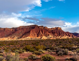 Fototapeta premium Red rock mountain range under a partly cloudy sky