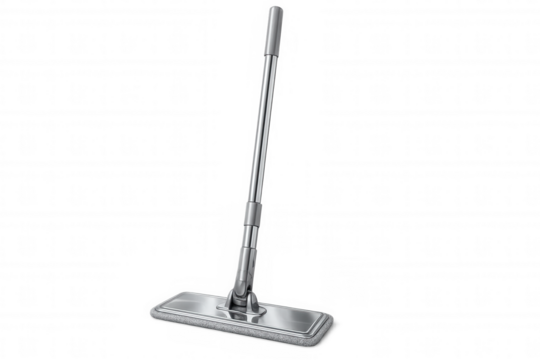 Cleaning mop with microfiber pad and metallic handle, isolated on transparent background, ready for household chores