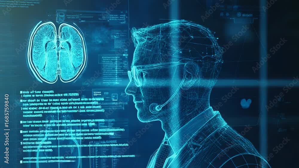 Poster doctor analyzing brain mri scan using artificial intelligence software