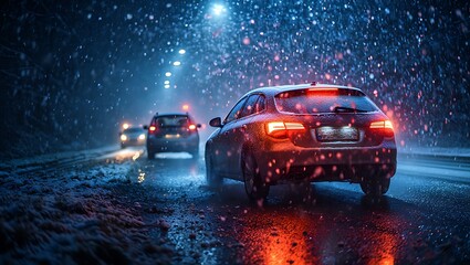 Cars Driving on Snowy Road at Night with Lights Reflecting on Wet Surface