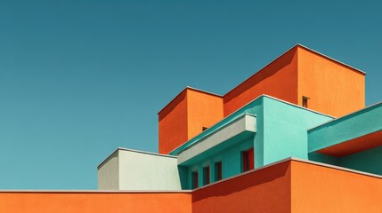 Brightly colored modern architecture contrasts against a clear blue sky in urban setting