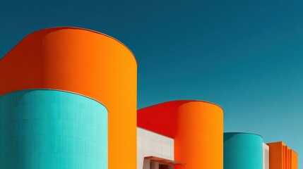 Vibrant architectural design with colorful elements under a clear blue sky in an urban setting