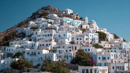Fototapeta premium Breathtaking view of whitewashed buildings on a hillside in a Greek island village under a clear blue sky