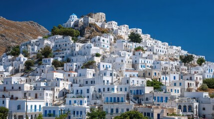 Charming hillside village with whitewashed buildings under a clear blue sky in Greece, showcasing vibrant culture and architecture