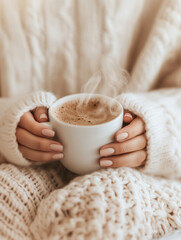 Cozy hands holding a steaming cup of coffee in warm knitted sweater
