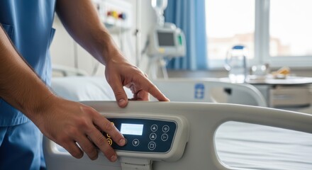 Male nurse adjusting hospital bed controls in medical setting for patient care