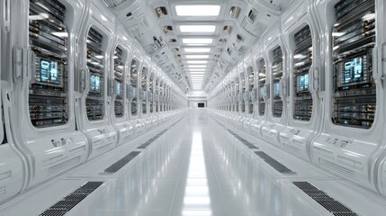 Futuristic technology corridor with high-tech storage units in a sleek, white environment