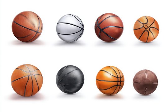 Collection of basketball icons showcasing various styles and colors of basketballs on a clean white background to exemplify the diversity in basketball equipment