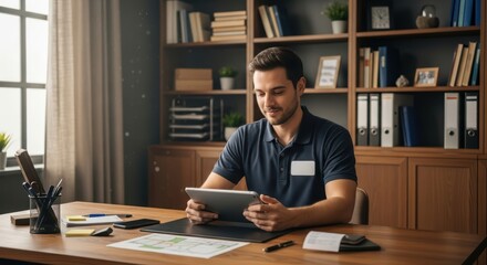 Young caucasian male professional using tablet in modern office setting