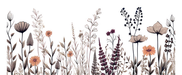 Naklejka premium PNG Flowers and herbs border sketch backgrounds pattern.
