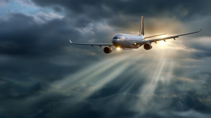 An airplane heads to a destination, the adventurous scene illuminated by gentle light. Airplane, destination, with copy space