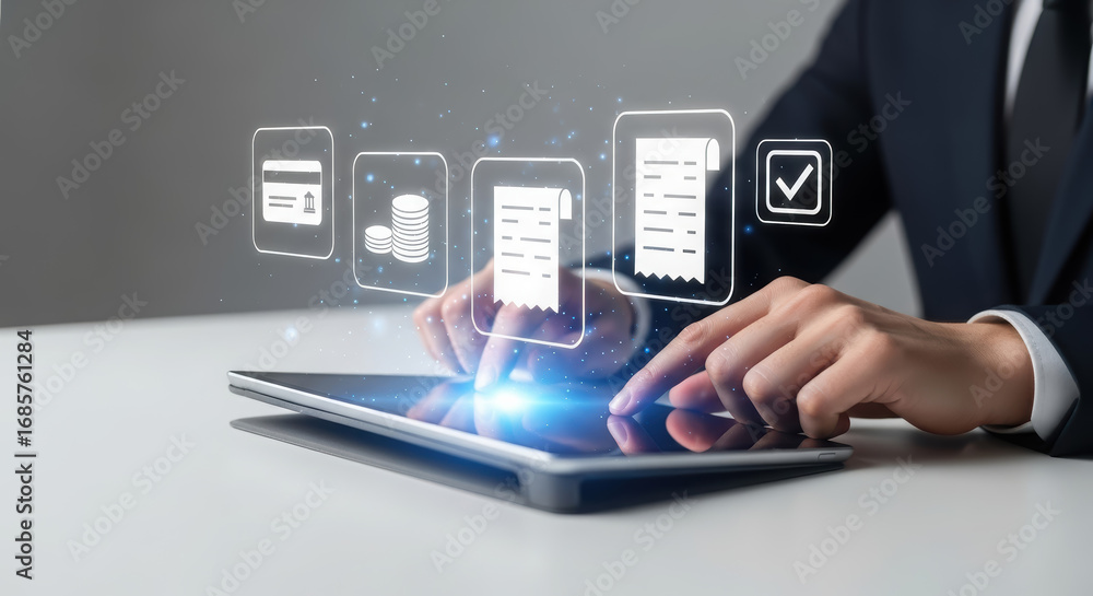 Poster business professional using tablet with digital interface displaying financial icons, showcasing mod
