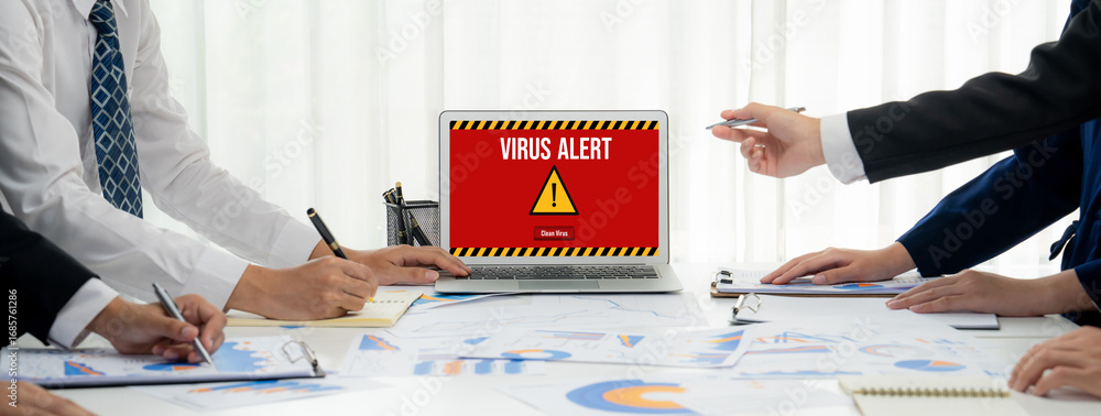 Poster virus warning alert on computer screen detected brisk cyber threat , hacker, computer virus and malw
