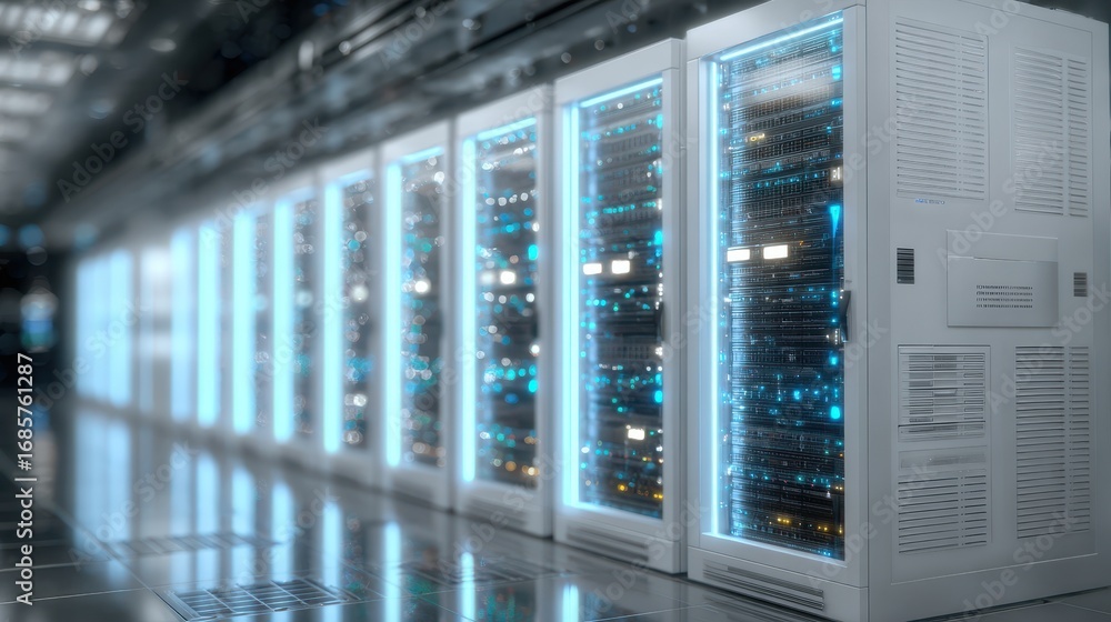 Poster modern data center equipped with advanced servers illuminated by bright leds in a high-tech environm
