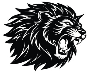 Vector art of fierce roaring lion head with sharp teeth and mane