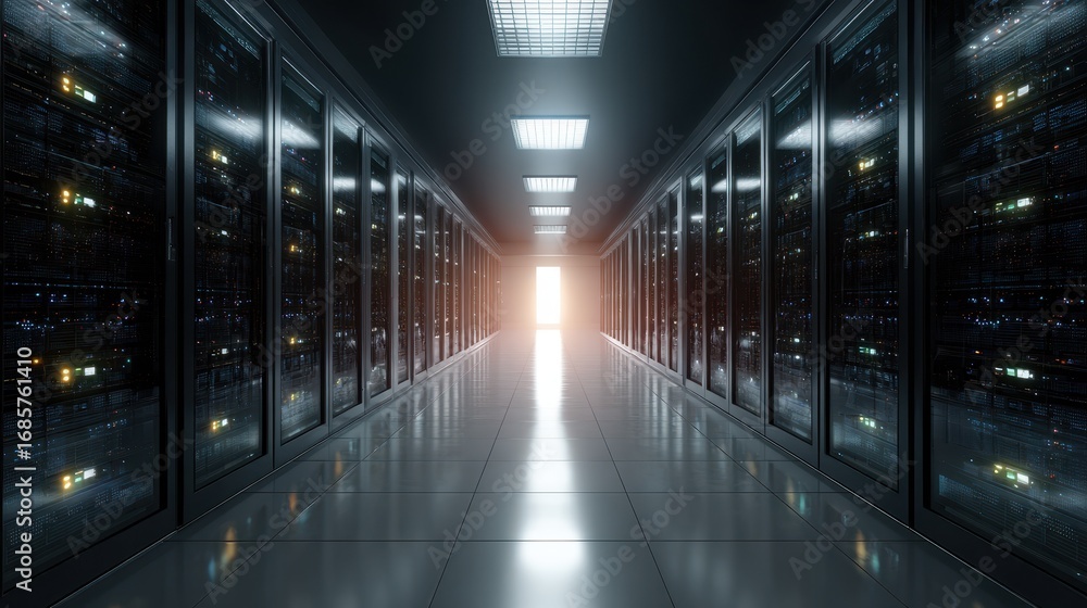 Poster data center corridor illuminated by light at the end with server racks lining the walls