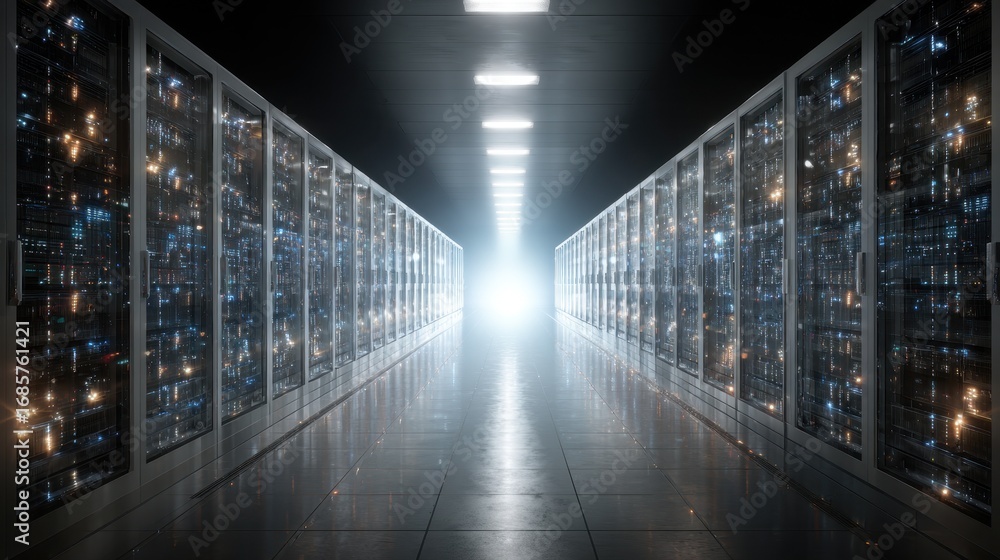 Poster high-tech server room illuminated by bright light at the end of a narrow aisle lined with data stora