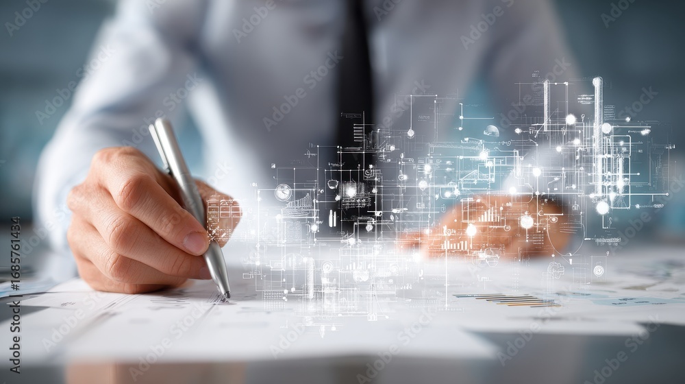 Poster business professional writing notes and reviewing data with digital graphics in a modern office sett