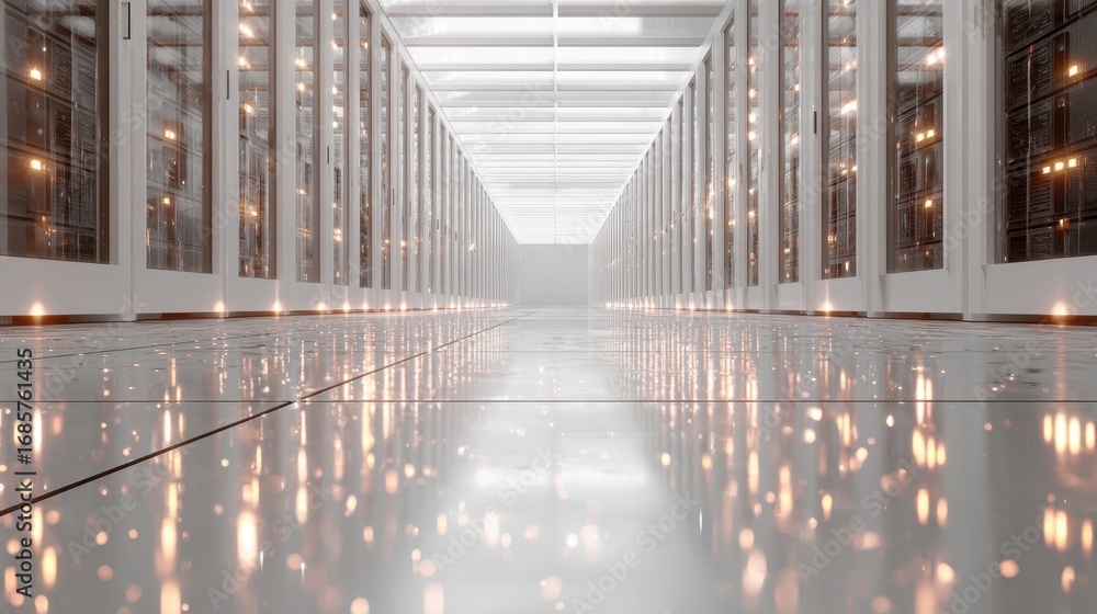 Poster Advanced technology environment showcasing a modern data center with illuminated server racks and reflective flooring