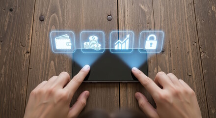 Hands interacting with a smartphone displaying holographic financial icons, including wallet, money, growth chart, and security lock, illustrating modern digital finance concepts