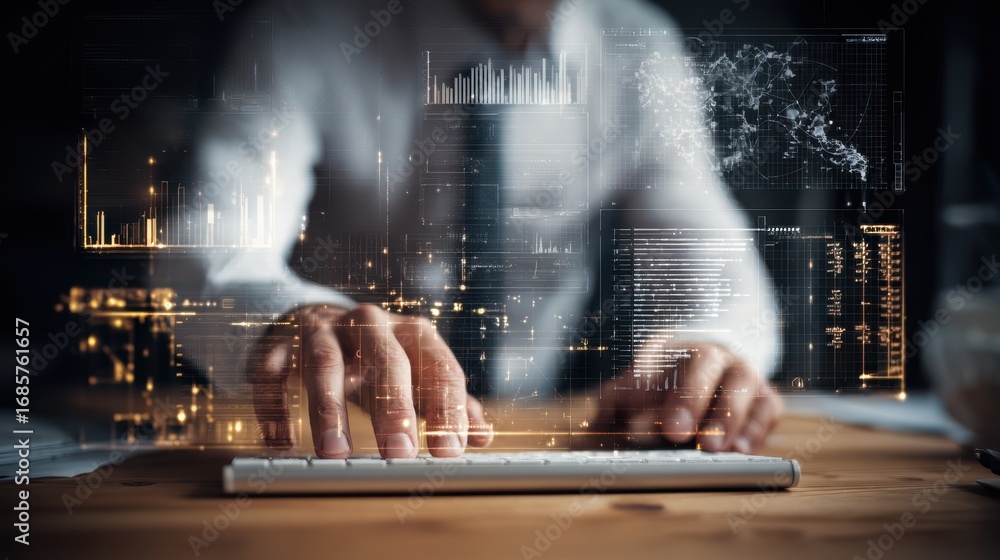 Aufkleber business professional working on digital analytics project with futuristic interface displayed at a 