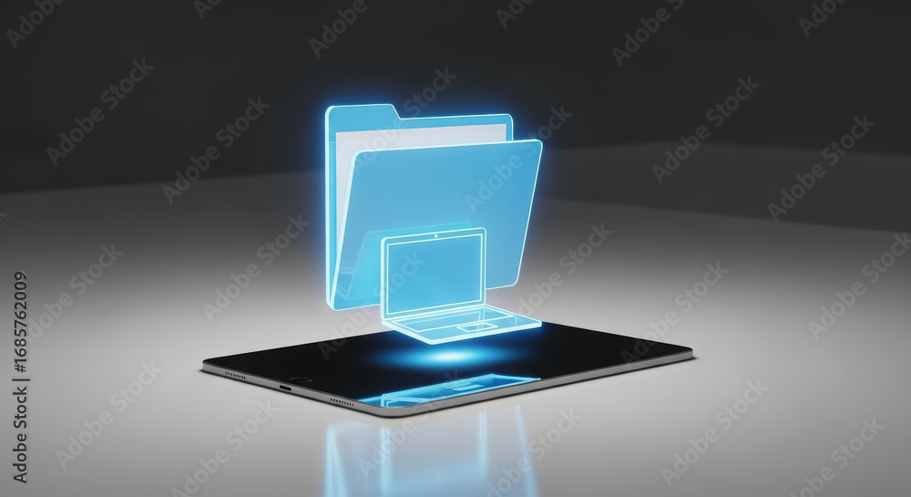 Poster digital tablet displaying holographic file folder and laptop icon, representing modern technology an