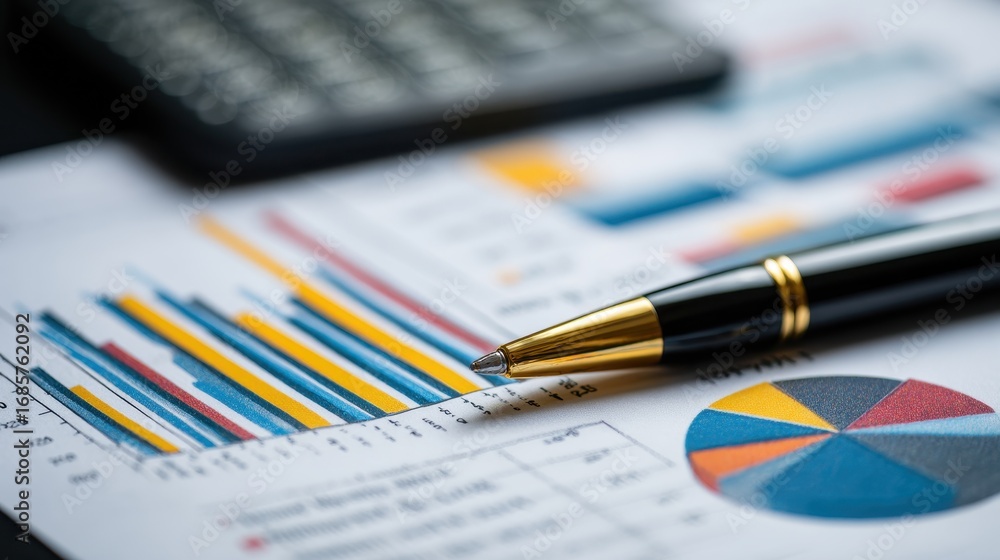 Poster business analysis showing colorful charts and graphs with a pen and calculator on a workspace desk