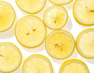 Fresh lemon slices arranged on white background
