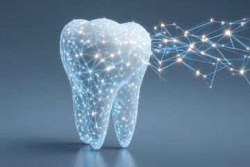Digital tooth structure with glowing network connections on blue background.