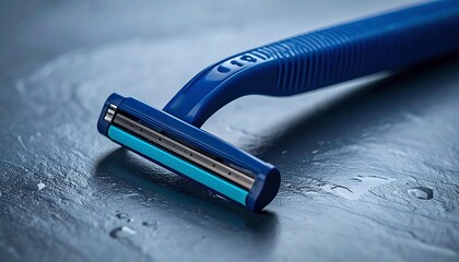 Close-up of a blue disposable razor on a dark stone surface