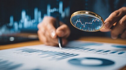 Market analysis using a magnifying glass to inspect financial charts and data during a business meeting