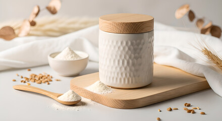 White ceramic jar natural baking ingredients powder close-up