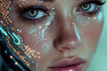 Futuristic cybernetic female face with digital circuits and glowing blue elements.