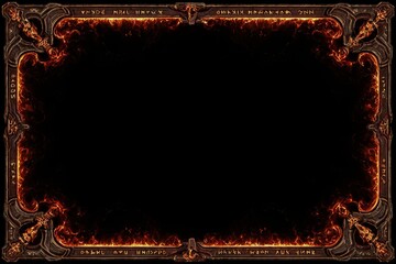 Dark medieval frame with glowing infernal flames and ancient runes on black backdrop.
