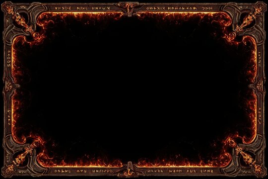 Dark medieval frame with glowing infernal flames and ancient runes on black backdrop.