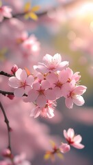 Naklejka premium Cherry Blossom Branch with Pink Flowers in Spring Wallpaper