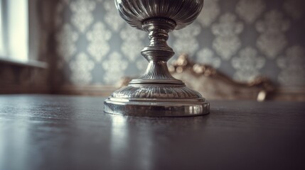 Fototapeta premium Closeup of a retro lamp base on a table sharp and detailed while faded wallpaper and other antiques softly fade into the background.