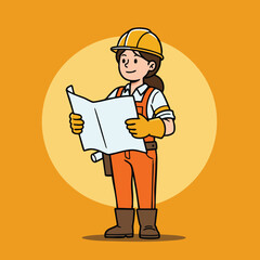 Fototapeta premium Female construction worker holding blueprint with safety gear in orange and yellow colors vector illustration 