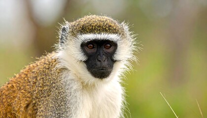 Obraz premium Close-up of a curious, primate with green-tinged fur, black face, and brown eyes, in natural habitat