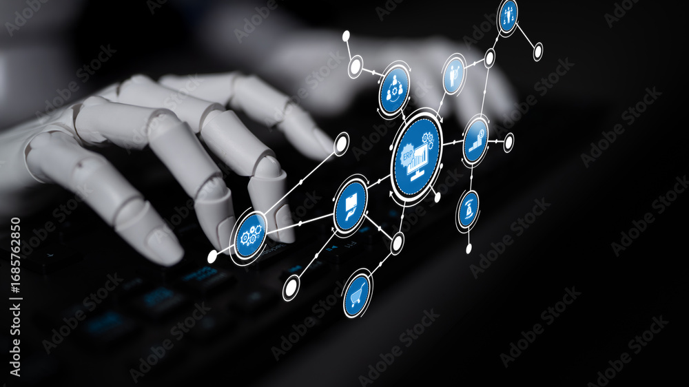 Poster futuristic image of a robotic hand typing on a keyboard with digital icons. this representation high