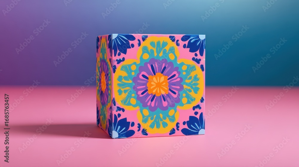 Aufkleber vibrant packaging box with bold colors and dynamic patterns centered in the frame while the backgrou
