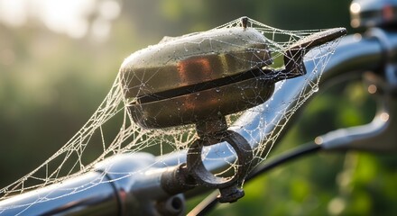 Dew-covered spiderweb glistens on a vintage bicycle bell at sunrise, symbolizing new beginnings and morning freshness.