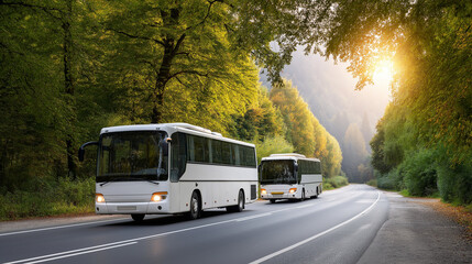 Fototapeta premium Buses on a road, the scenic scene illuminated by gentle sunlight. Buses, road, with copy space