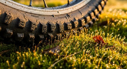 Close-up of a wet bicycle tire on mossy ground with dew drops at sunrise, highlighting texture.