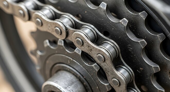 Close-up shot of a bicycle chain and sprocket set, showcasing the intricate details of the metal components and mechanics.