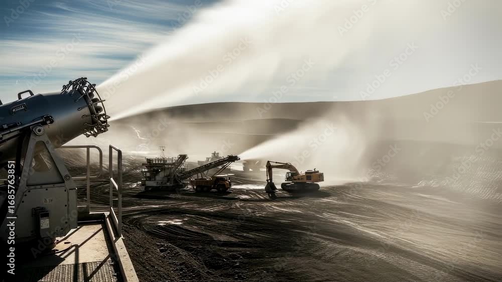 Poster Side perspective of automated dust mist cannon operating remotely targeting fine dust particles in active mining extraction site on sunny day.