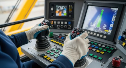 Operator controls crane cab with dual joysticks and digital display panels