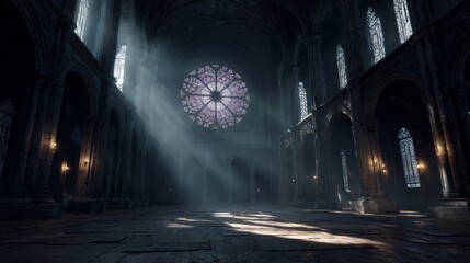 Sunlight through stained glass in gothic cathedral interior with arched columns.