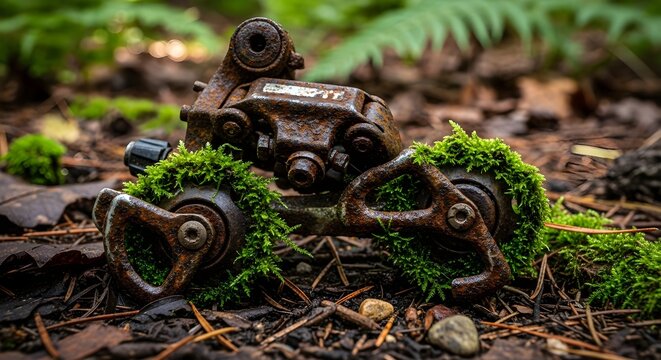 Rusty bicycle derailleur reclaimed by nature, covered in moss and nestled in a forest floor, showcasing the concept of decay and renewal.