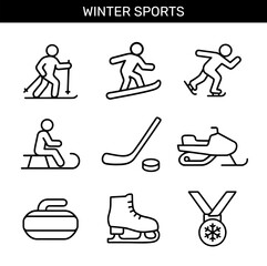 Winter sports outline icons set. Skiing, snowboarding, ice skating, sledding, hockey, snowmobile, curling, figure skating, medal